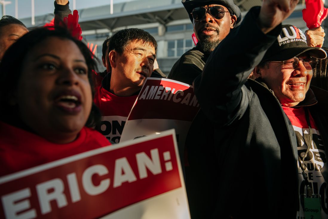 Scenes from food workers at JFK Airport protesting low wages at the airport on November 26, 2019